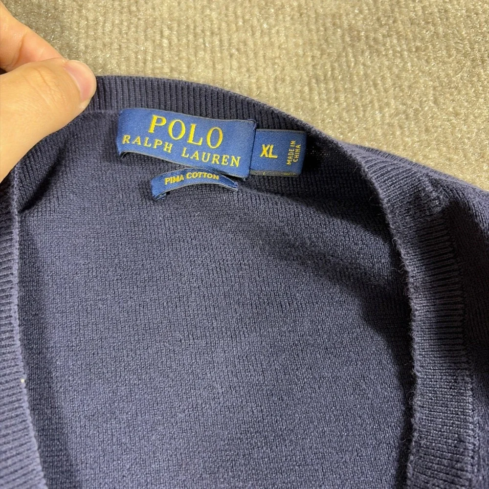 Polo Ralph Lauren Mens V Neck Sweater Size XL Navy Blue Pony Logo Pima Cotton